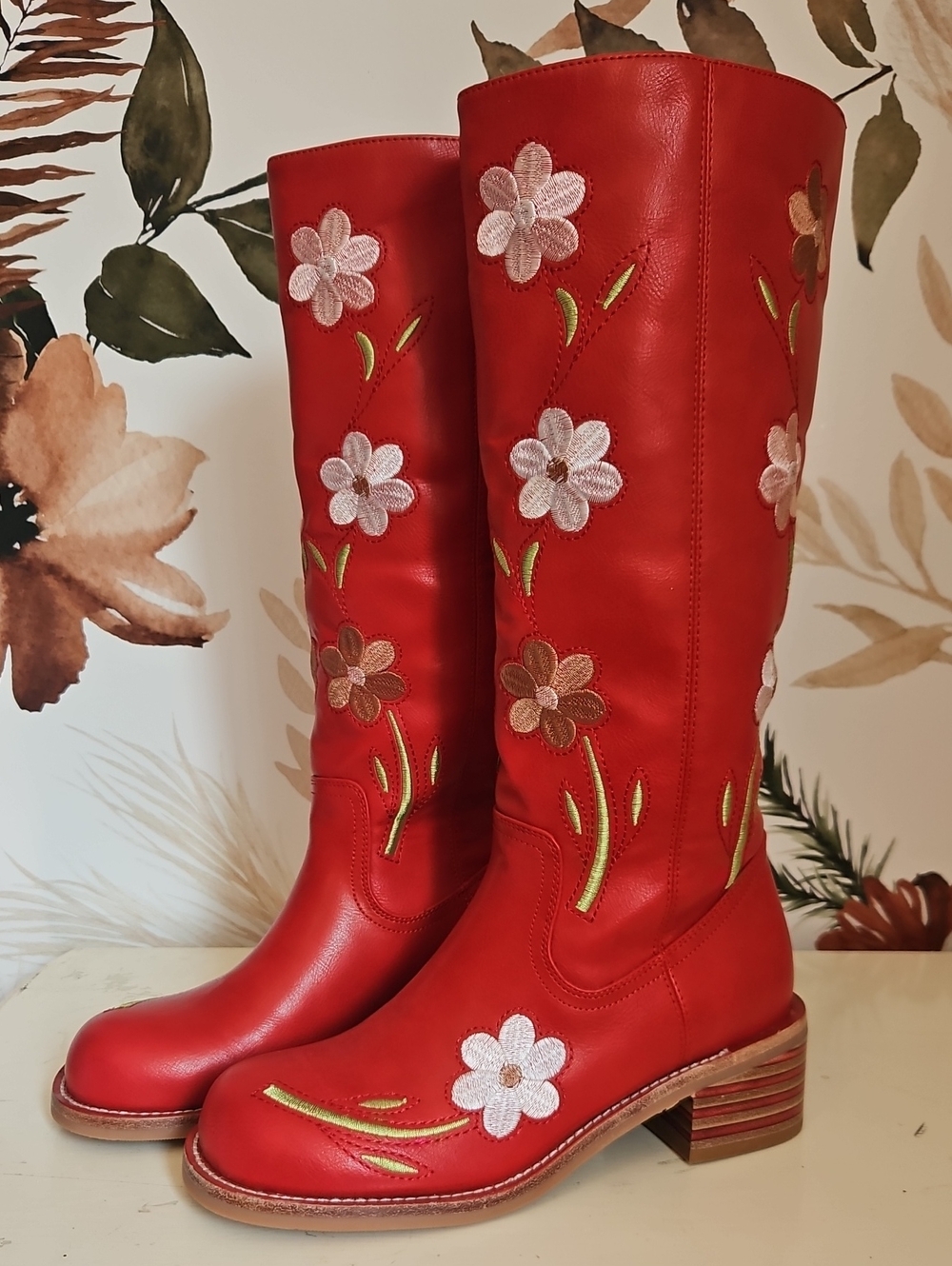 Tomato Red Floral Embroidered Campus Style Boots, Faux Leather, 8, NWOB - Picture 2 of 11